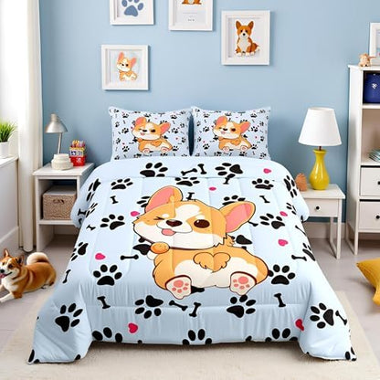 Castle Fairy Cute Corgi Bedding Set Queen Size,Cartoon Dog Footprint Bones Comforter 3pcs for Kids Boys Girls Room Decor,Smiling Doggy Quilt Family Paw Duvet Insert with 2 Pillowcases,Blue