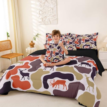 Erosebridal Camouflage Hunting Bed in A Bag 7 Pcs Hunter Deer Camo Comforter Set for Women Men Rustic Farmhouse Cabin Bedding Sets King Vintage Country Animal Sheet Set with Comforter