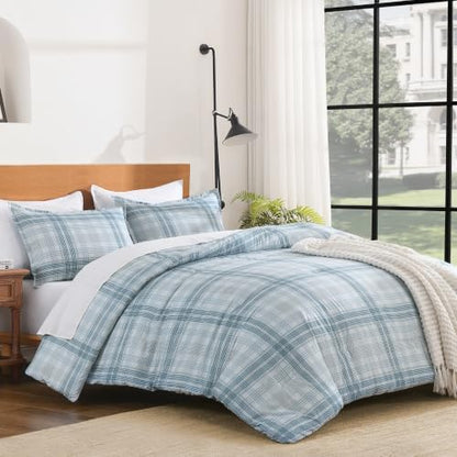 Andency Blue Plaid Comforter Set Full, Gingham Checkered Grid Bedding Set