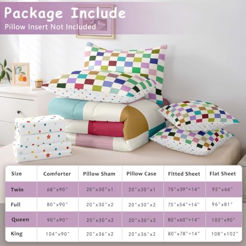 Feelyou Colorful Checkered 7 Piece Bedding Set Teen Retro Modern Geometric Colorful Comforter Set with Sheets King Size Kids Boys Cute Neutral Plaid Bed in a Bag Vintage Aesthetic Room Decor