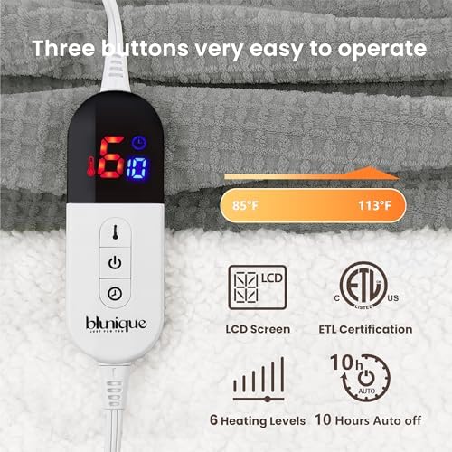 Heated Blanket Electric Blanket Full Waffle,72x84 Inches Sherpa Fleece Fast Heating Blanket 6 Heating Levels & 10 Hours Auto Off ETL Certification, Grey Full
