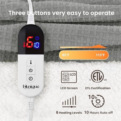 Heated Blanket Electric Blanket Full Waffle,72x84 Inches Sherpa Fleece Fast Heating Blanket 6 Heating Levels & 10 Hours Auto Off ETL Certification, Grey Full