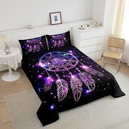 Erosebridal Dream Catcher Feather Comforter Set, Bohemian Mandala Down Comforter King Size for Kids Girls Boys, Starry Sky Galaxy Bedding Set Boho Tie Dye Exotic Flower Quilted Duvet, Purple