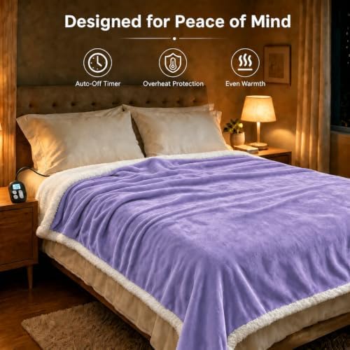 Electric Heated Blanket Full Size 72" x 84", Soft Flannel Heating Blanket for Bed, Sofa, Bedroom, 10 Heat Settings, 1-12H Auto Shut Off, Overheat Protection, Machine Washable, Light Purple