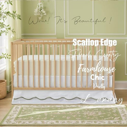 Brandream Scallop Edge Cotton Crib Skirt Toddler Bedskirt Baby Nursery Crib Bed Skirt Double Layer Boho Bohemian Neutral Solid Color Cream Off White with Sage Green Edge Farmhouse Chic Skirt