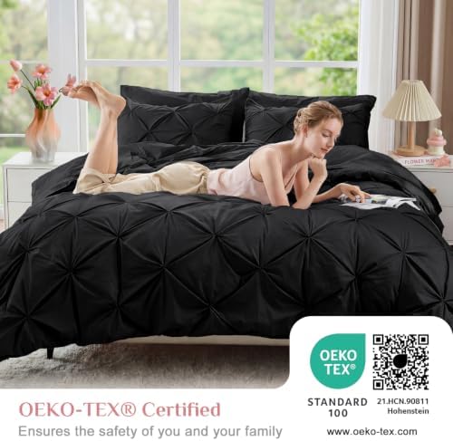 JOLLYVOGUE King Size Comforter Set 7 Pieces - Bed in a Bag King for All Season, Pintuck Bedding Comforter Sets with Comforter, Flat Sheet, Fitted Sheet and Pillowcases & Shams, Black