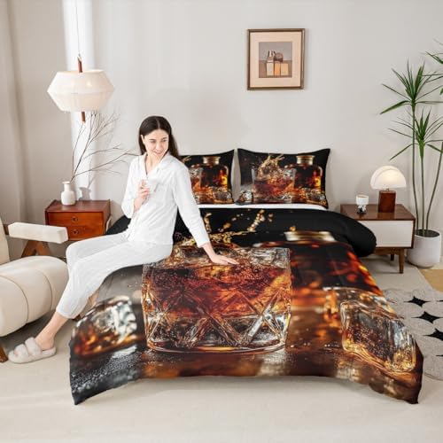 Whisky Drinks Kids Comforter Set King Size,Whiskey Malt Liquor Drinking Bedding Set,Girls Boys Room Decor,Bar Beer Glass Quilt Comforter,Western Fashion Duvet Insert,2 Pillowcases