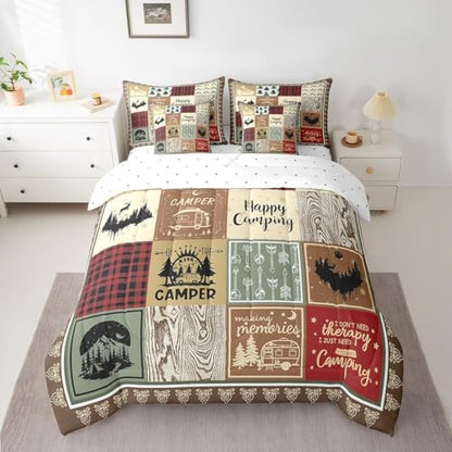 Erosebridal 7 Piece Kids Camping Queen Comforter Set,Rustic Cabin Decor Rv Camper Bedding Set for Travel Trailers Accessories,Buffalo Plaid Bed Set with Sheets,Woodland Bed in a Bag with Pillowcases