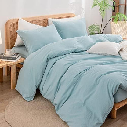 BESTOUCH Cotton Solid Duvet Cover Set Linen Feel Hushed Green Queen