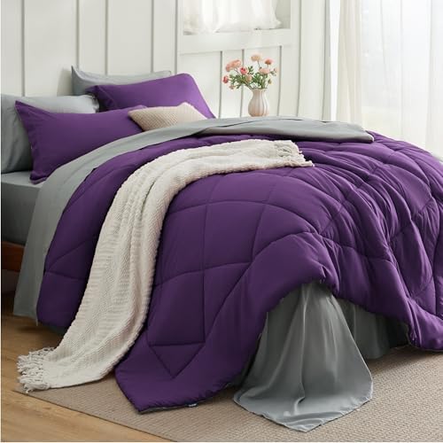 Bedsure California King Comforter Set Reversible 7Pieces Purple/Silver Grey