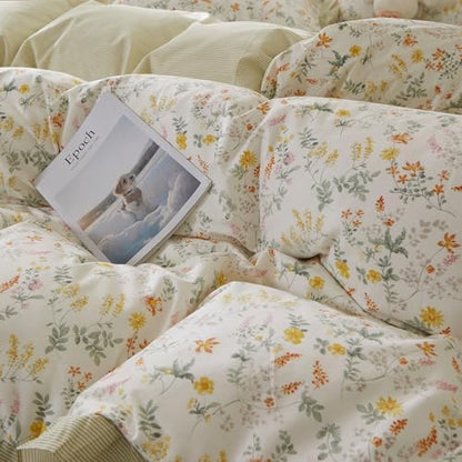 mixinni 100% Cotton Duvet Cover Set King, Reversible Spring Floral Ruffle Green Striped Bedding for Girls, French Country Cottagecore Aesthetic 3PC Duvet Cover with Zipper Closure & Pillowcases