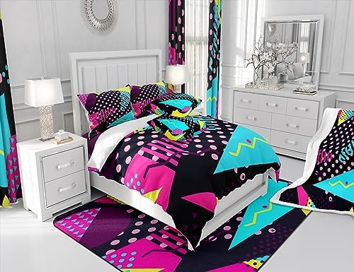 Manfei Memphis Comforter Set King Size, Retro 80s or 90s Fashion Style Quilt Set with 2 Pillowcases, Geometric Triangle Circle Bedding Set 3pcs for Kids Boy Girls Lightweight Duvet Insert