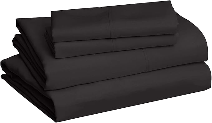 Amazon Basics Lightweight Super Soft Easy Care Breathable Microfiber 4 Piece Cozy Comfortable Bed Sheet Set, Wrinkle Resistant with 14-Inch Deep Pockets, Queen, Black, Solid