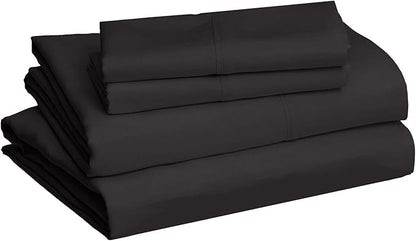 Amazon Basics Lightweight Super Soft Easy Care Breathable Microfiber 4 Piece Cozy Comfortable Bed Sheet Set, Wrinkle Resistant with 14-Inch Deep Pockets, Queen, Black, Solid