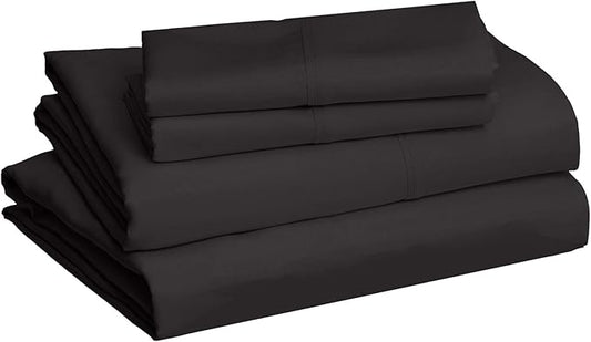 Amazon Basics Lightweight Super Soft Easy Care Breathable Microfiber 4 Piece Cozy Comfortable Bed Sheet Set, Wrinkle Resistant with 14-Inch Deep Pockets, Queen, Black, Solid