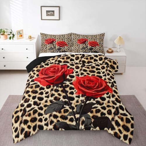 Erosebridal Rose Flower Comforter Set for Kids Girls Women, Leopard Print Down Comforter King Size, 3D Red Floral Petal Bedding Set Cheetah Animal Skin Quilted Duvet for Bedroom Decor, Brown