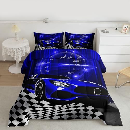 Erosebridal Blue Race Car Comforter Set for Youth Boys,Glitter Ombre Line Art Bedding Set Neon Light Sports Car Dashboard Quilt Twin,Black and White Grid Lattice Buffalo Plaid Decor