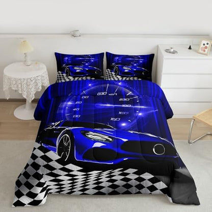 Erosebridal Blue Race Car Comforter Set for Youth Boys,Glitter Ombre Line Art Bedding Set Neon Light Sports Car Dashboard Quilt Twin,Black and White Grid Lattice Buffalo Plaid Decor