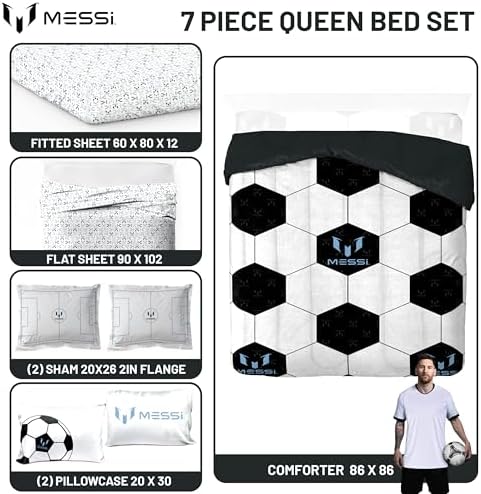 Jay Franco Kids Comforter Set Includes Sheets and Pillow Cover - Soft and Cozy Bed Set for Stylish Room Décor, White - Messi, 7 Piece Queen