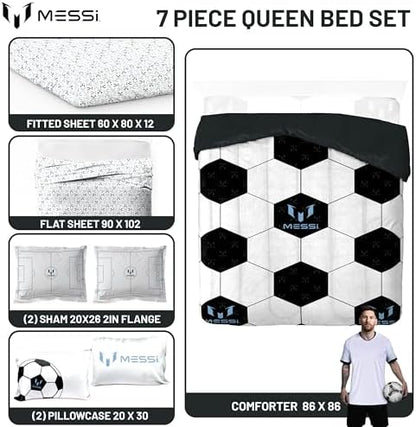 Jay Franco Kids Comforter Set Includes Sheets and Pillow Cover - Soft and Cozy Bed Set for Stylish Room Décor, White - Messi, 7 Piece Queen