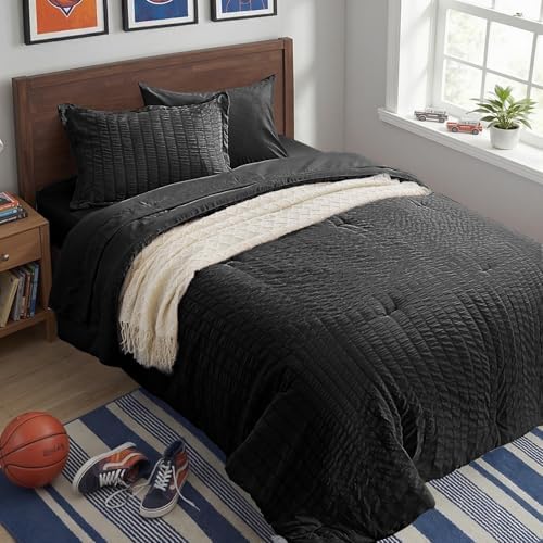 Zzlpp Twin Comforter Set 5 Piece, Black Bed in a Bag Twin Size Bedding Sets