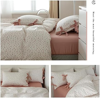 LifeTB King Size Comforter Set Garden Style Pink White Floral Comforter Set Cozy Aesthetic Bedding Cottagecore Comforter Vintage Botanical Flower Comforter with 2 Bow Ties Pillowcases Fluffy Bed Set