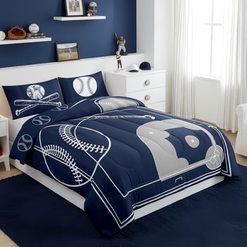 Erosebridal Kids Baseball Queen Size Comforter Set for Boys Girls Sport Bedding Set, Baseball Printed Reversible Down Comforter Navy Blue Grey Bed Set, Ball Gaming Quilted Duvet