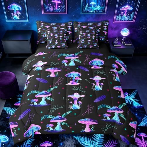 Erosebridal Cute Mushroom Queen Comforter Set with Sheets 7 piece Glowing Mushrooms Bed in A Bag Country Farmhouse Plant Bedding Sets for Kids Boys Girls,Galaxy Starry Sky Bed Set