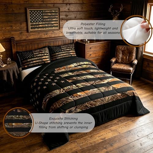 American Flag Camo Comforter Set Queen,Military Hunting Bedding Set Rustic Trees Leaves Camouflage Comforter for Boys Teens Kids Man Bedroom Nature Conifer Oak Branches Bedding Quilt Set 3 Pcs