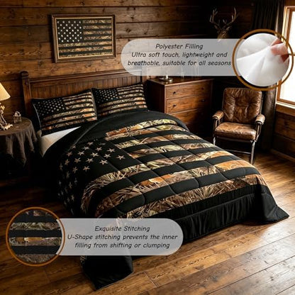 American Flag Camo Bedding Set Rustic Tree Leaves Camouflage Comforter Set Twin,Military Hunting Down Comforter For Boys Teens Kids Man Bedroom Nature Conifer Oak Branches Bedding Quilt Set 2 Pcs