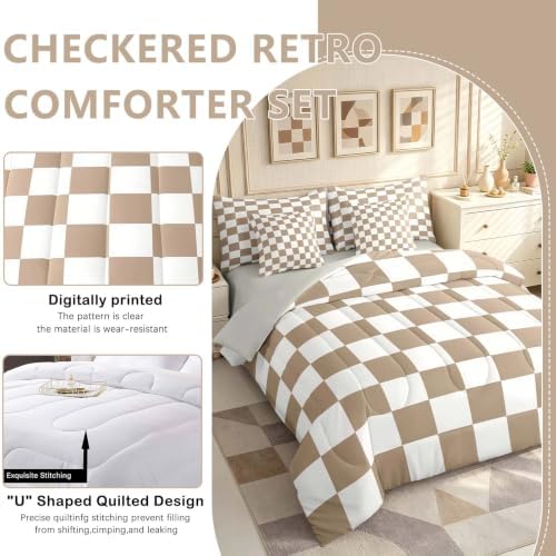 Feelyou Checkered Twin Comforter Set with Sheets for Kids Boys Girls Brown Plaid 7 Pieces Bedding Set Vintage Checkerboard Geometric Bed in a Bag Reversible Grey Room Decor Soft