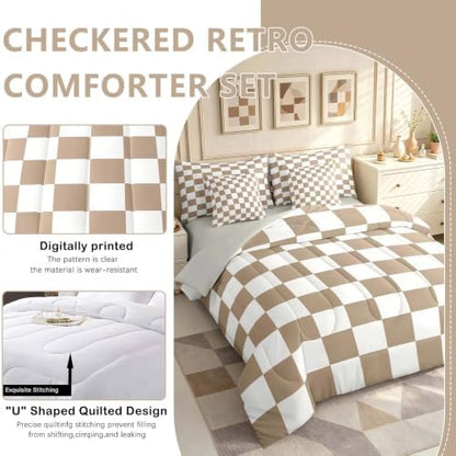 Feelyou Checkered Twin Comforter Set with Sheets for Kids Boys Girls Brown Plaid 7 Pieces Bedding Set Vintage Checkerboard Geometric Bed in a Bag Reversible Grey Room Decor Soft