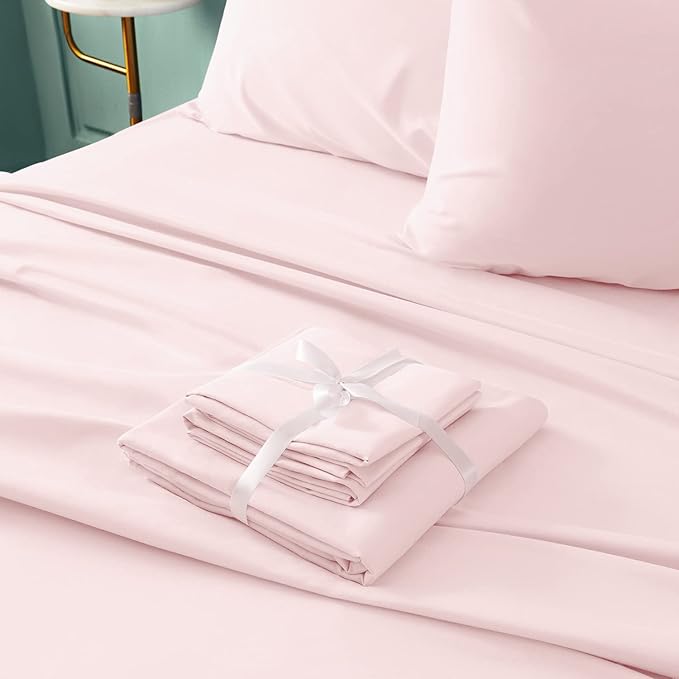 BYSURE 4 Pieces Bed Sheets Set(Twin, Light Pink) - Super Soft 1800 Thread Count 100% Microfiber Sheets with Deep Pockets, Wrinkle & Fade Resistant