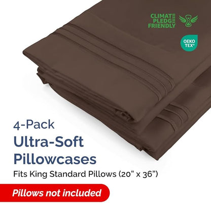 King Standard Pillow Cases Set of 4 - Soft Hotel Quality Pillowcase Covers - Comfy Bedding for Women, Men, Kids & Teens - Machine Washable Pillow Protectors - 4 Piece Set - King Standard Size Brown