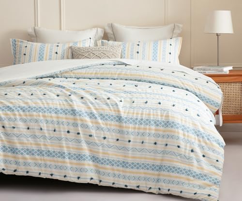 SLEEPBELLA Washed Double Layer Muslin 100% Cotton Comforter Set King Size, Yellow Blue Boho Fluffy Thick Checked Bedding Set, Soft Breathable (1 Comforter, 2 Pillow Shams)