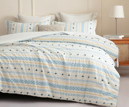 SLEEPBELLA Washed Double Layer Muslin 100% Cotton Comforter Set King Size, Yellow Blue Boho Fluffy Thick Checked Bedding Set, Soft Breathable (1 Comforter, 2 Pillow Shams)