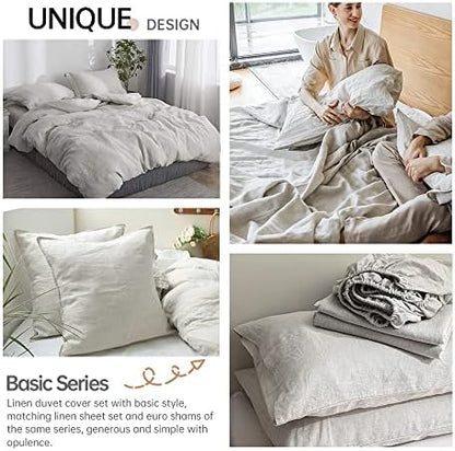 Simple&Opulence 100% Linen Duvet Cover Set 3pcs Basic Style Natural French Washed Flax Solid Color Soft Breathable Farmhouse Bedding with Button Closure - Linen, King