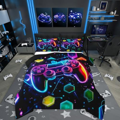 Castle Fairy Boys Gaming Reversible Comforter Set Full Size,Video Games Gamepad Print Bedding Set Gamer Room Decor,Space Galaxy Glow Neon Hexagon Duvet Set with 2 Pillowcases,Polyester (Purple Blue)