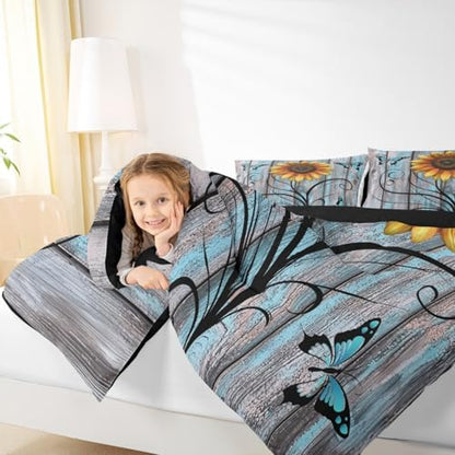 Yellow Sunflower Comforter Set King,Butterfly Bedding Set Rustic Farmhouse Wooden Board Down Comforter for Kids Girls Teens Women,Country Retro Floral Quilt Duvet Sets 2 Pillow Cases Blue Grey
