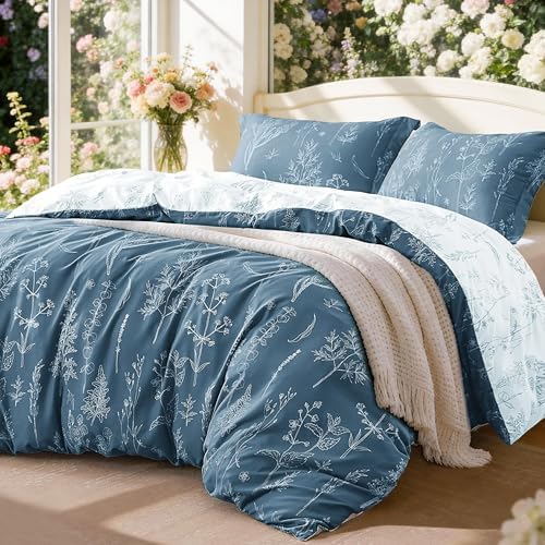 Love's cabin Bluish Grey Comforter Set Queen - Queen Size Comforter Set, 3 Pieces Cute Floral Bedding Sets for All Seasons,1 Soft Reversible Botanical Flowers Comforter and 2 Pillow Shams