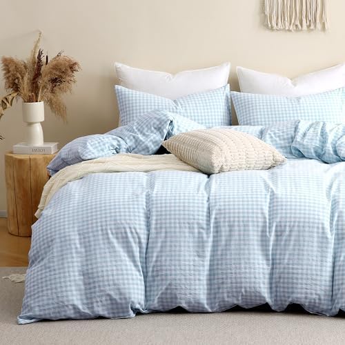 TOCOMOA Gingham Duvet Cover Set 100% Washed Cotton Like Linen, Queen