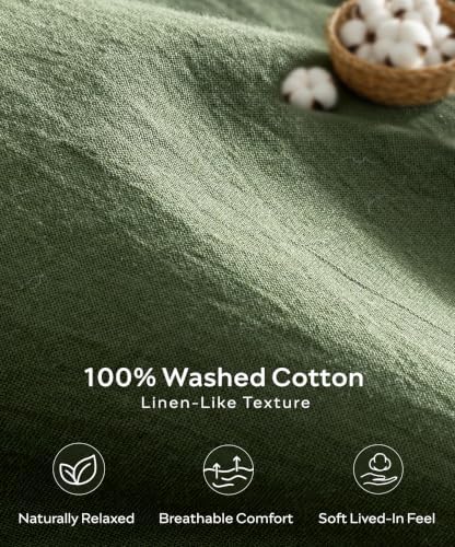 JELLYMONI 100% Washed Cotton Fall Olive Green Duvet Cover Queen, Linen-Like