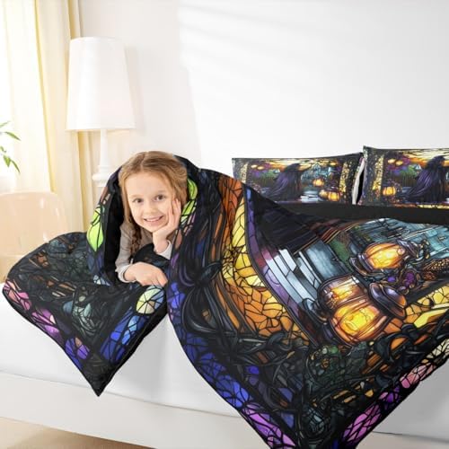Fairy Witch Kids Comforter Set King Size,Halloween Lamp Gothic Magical Castle Bedding Set,Girls Boys Room Decor,Geometric Patchwork Glass Painting Quilt Comforter,Retro Duvet Insert,2 Pillowcases