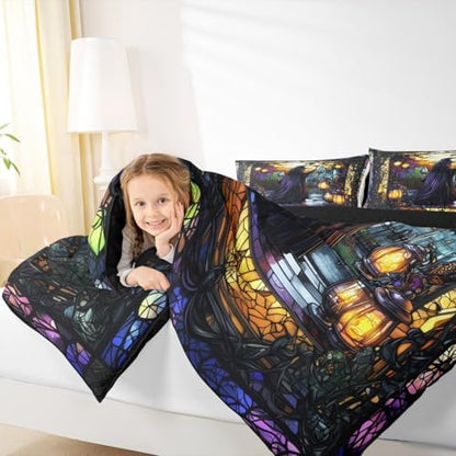Fairy Witch Kids Comforter Set King Size,Halloween Lamp Gothic Magical Castle Bedding Set,Girls Boys Room Decor,Geometric Patchwork Glass Painting Quilt Comforter,Retro Duvet Insert,2 Pillowcases