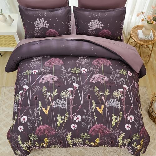 Yiran Purple Comforter Set King Size, 7 Piece Floral Dandelion Comforter Bedding Set, Botanical Bed in a Bag King, Soft Microfiber Complete Bedding Set with Sheets for All Season