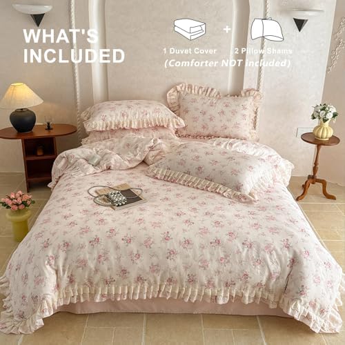 VM VOUGEMARKET Pink Rose Flower Duvet Cover Set Queen Romantic Lace Ruffled Bedding Set Soft Muslin Cotton,Breathable Linen Like Gauze Comforter Cover with Zipper Closure 90"x90"