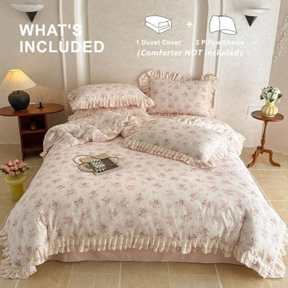 VM VOUGEMARKET Pink Rose Flower Duvet Cover Set Queen Romantic Lace Ruffled Bedding Set Soft Muslin Cotton,Breathable Linen Like Gauze Comforter Cover with Zipper Closure 90"x90"