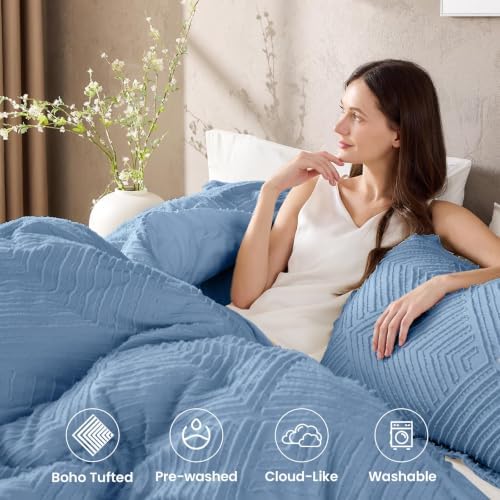 JOLLYVOGUE King Comforter Set, Boho Tufted 3-Piece Bedding Set, Dusty Blue