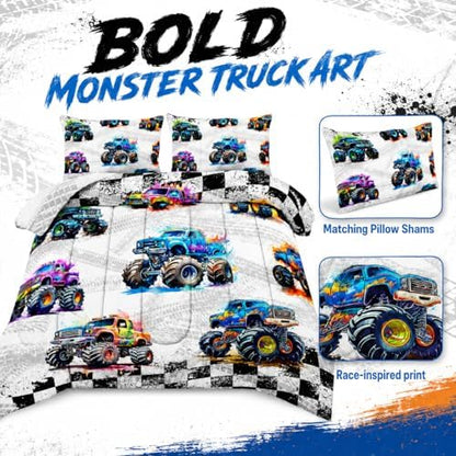 AILONEN 3-Piece Colorful Monster Truck Bedding Set Full Size,Featuring Cartoon Trucks and Checkered Flag Pattern Comforter Set Perfect for Kids Rooms,1 Quilt with 2 Pillowcases,Soft Comfortable