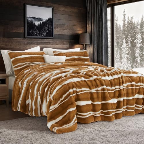 Wonderful 3 Pieces Fluffy Faux Rabbit Fur Comforter Set Queen Size, Caramel Plush Fuzzy Bedding Set, Animal Stripes Design Warm Soft Comforter Bedding Set for All Season,90"x94"